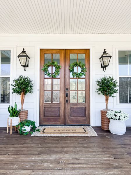30% off sale! Front porch and front door decor trending viral home decor artificial faux plants trees flowers florals greenery faux geraniums hydrangeas doormat and jute scatter rug layered double modern farmhouse southern porch eucalyptus tree wreath lantern, outdoor light fixtures, wall sconces lighting jute rug is 4x6  and doormat is 2x5 spring and summer home decor

#LTKhome #LTKstyletip #LTKSeasonal