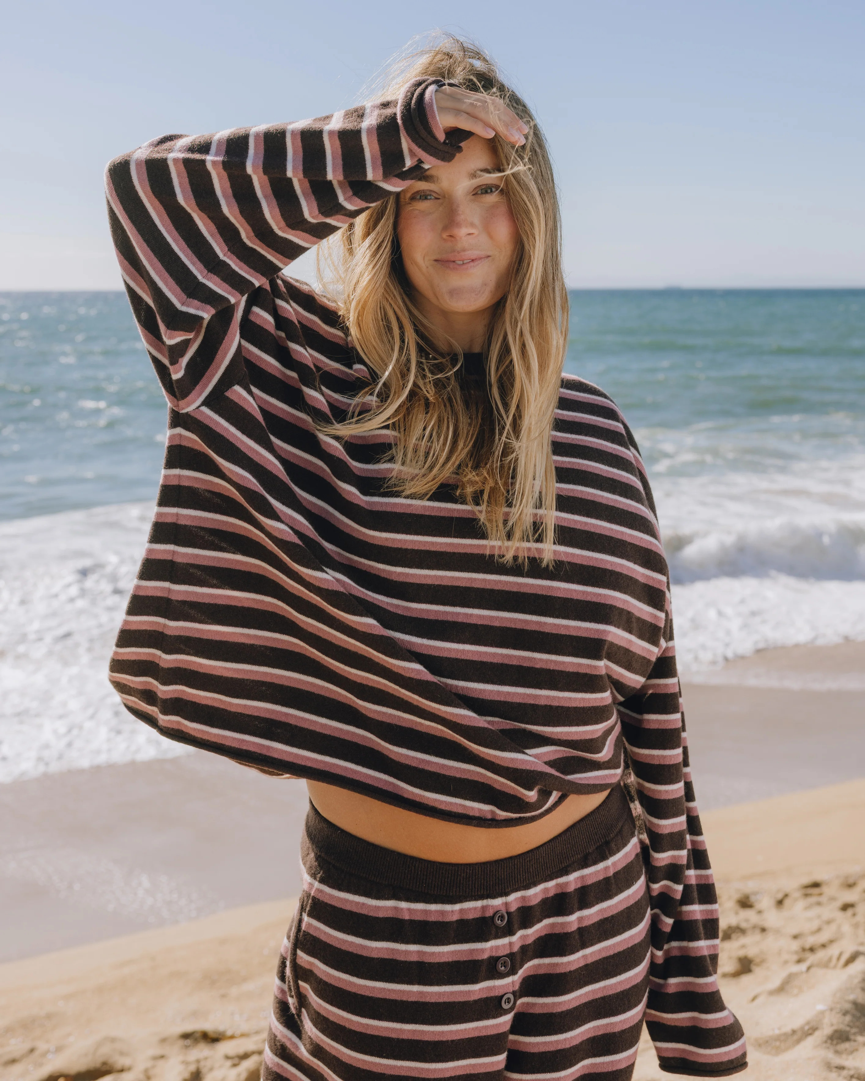 Oversized Cashmere Sweater - Coco + Wine + Cream Stripe with Monochrom | Daily Drills LLC