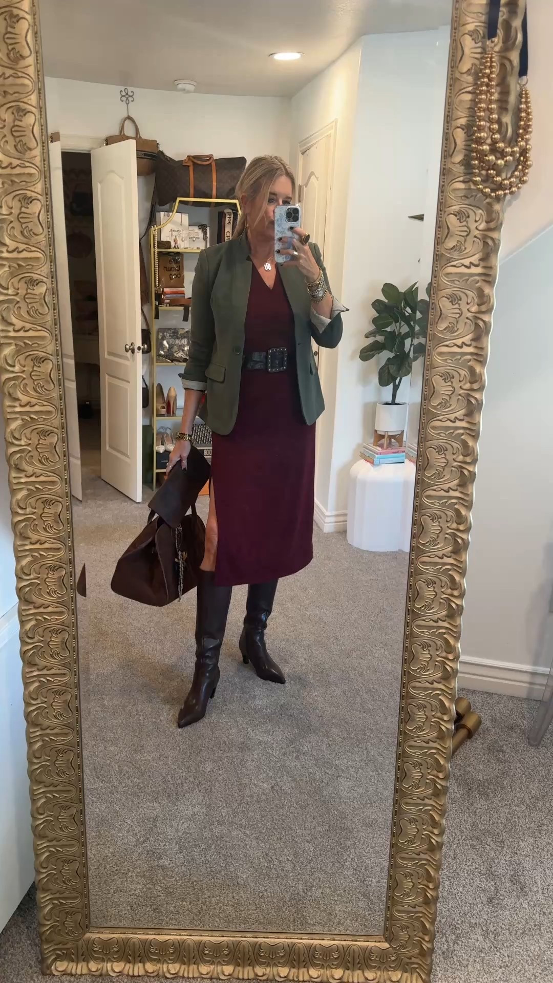 Fall outfit Inspo
Dress style
Perfect for workwear, church, dress up for social events 

Shades of Fall- Wine, olive green and chocolate brown🍂🍁 makes for a fun color combo

Gibson look light weight long sleeve sweater dress, with roched waistband detail and side slit. Fits tts I am in a small 

Gibson look notch blazer, my favorite blazers with fun cuff detail, fits tts I am in a med (I like room for layers) 

Save 10% on Gibsonlook with code : DARCY10

Chocolate brown accessories 
-Tall chocolate side zip pointed kitten heel boots from Amazon and on sale
So affordable fit tts, comfortable too

-Chocolate wide belt 

Suede tote bag Amazon find and  sold separately a bag charm cluster 

Or style with a real suede clutch with changeable buckles  (mine is vintage not linkable )  linked similar 

Jewelry is a mix of  vintage  Micheal kors  tortoise and hold 
And pieces from Julie Voz 

#LTKOver40 #LTKWorkwear #LTKStyleTip