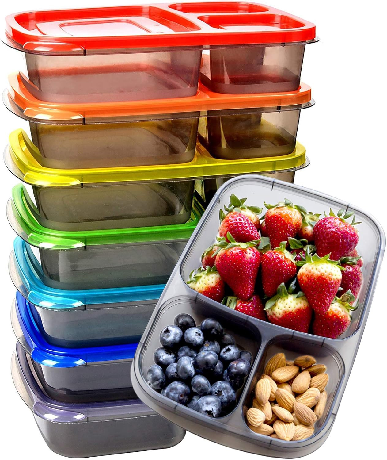 Youngever 7 Pack Bento Lunch Box, Meal Prep Containers, Reusable 3 Compartment Plastic Divided Fo... | Amazon (CA)