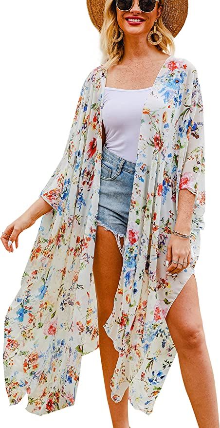 Hibluco Women's Long Floral Kimono Printed Cardigan Sheer Swimsuit Cover Ups | Amazon (US)