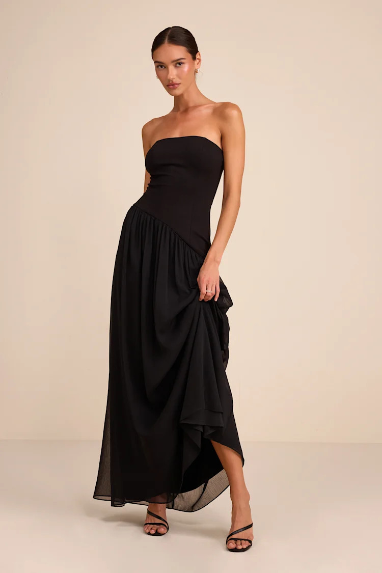 Beth Black Strapless Drop Waist Maxi Dress | Lulus