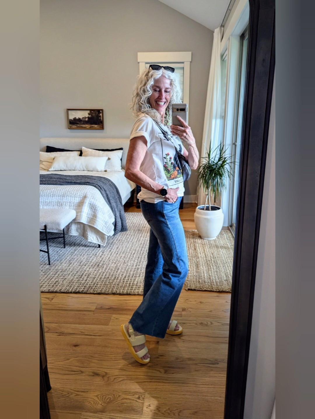 Jeans, cat tee, comfy, flat sandals- in other colors too! and metallic crossbody. Easy BBQ lunch look. #casualover60 #over60fashion #over60

#LTKFindsUnder50 #LTKOver40 #LTKShoeCrush