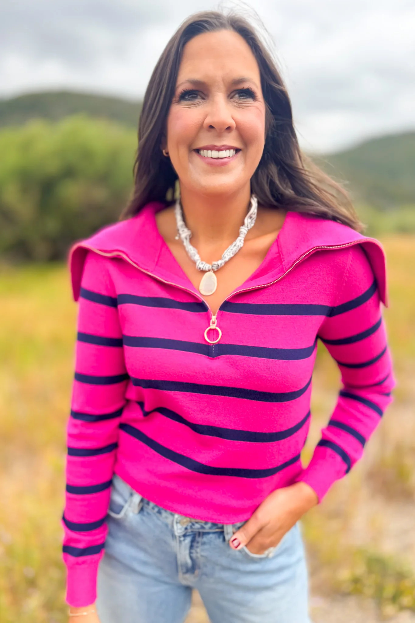 SSYS Alex Stripe Zip Long Sleeve Top In Pink Navy | SSYS