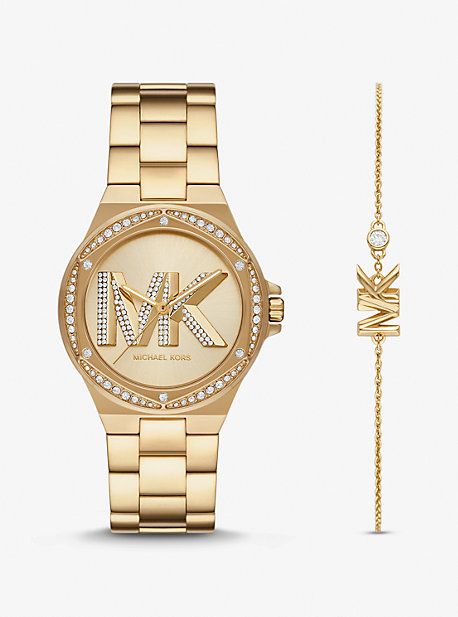 Lennox Pavé Logo Gold-Tone Watch and Bracelet Set | Michael Kors US