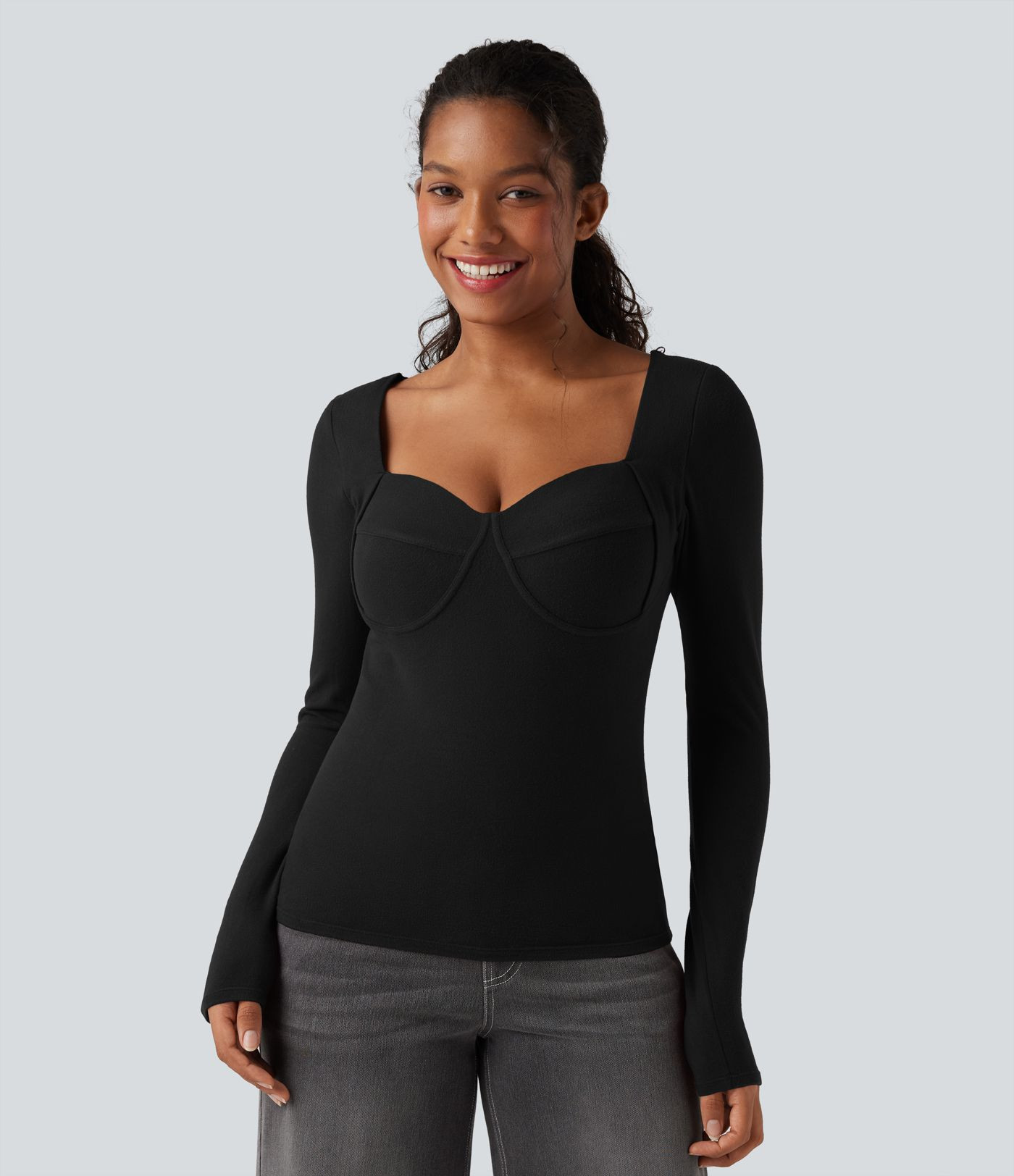 Women’s Sweetheart Neck Push-Up Long Sleeve Casual Warming Top D/DD Cup - Halara | HALARA