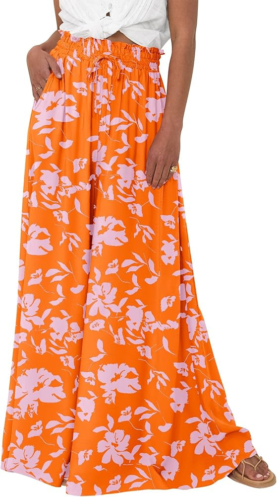 BTFBM Women Casual High Waist Wide Leg Pants Summer Floral Solid Long Palazzo Pants Lounge Beach ... | Amazon (US)