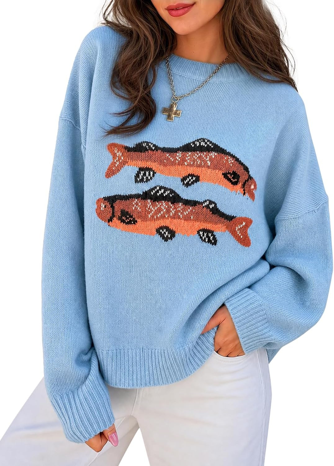Sweaters for Women Fall Long Sleeve Fish Graphic Knit Pullover | Amazon (US)
