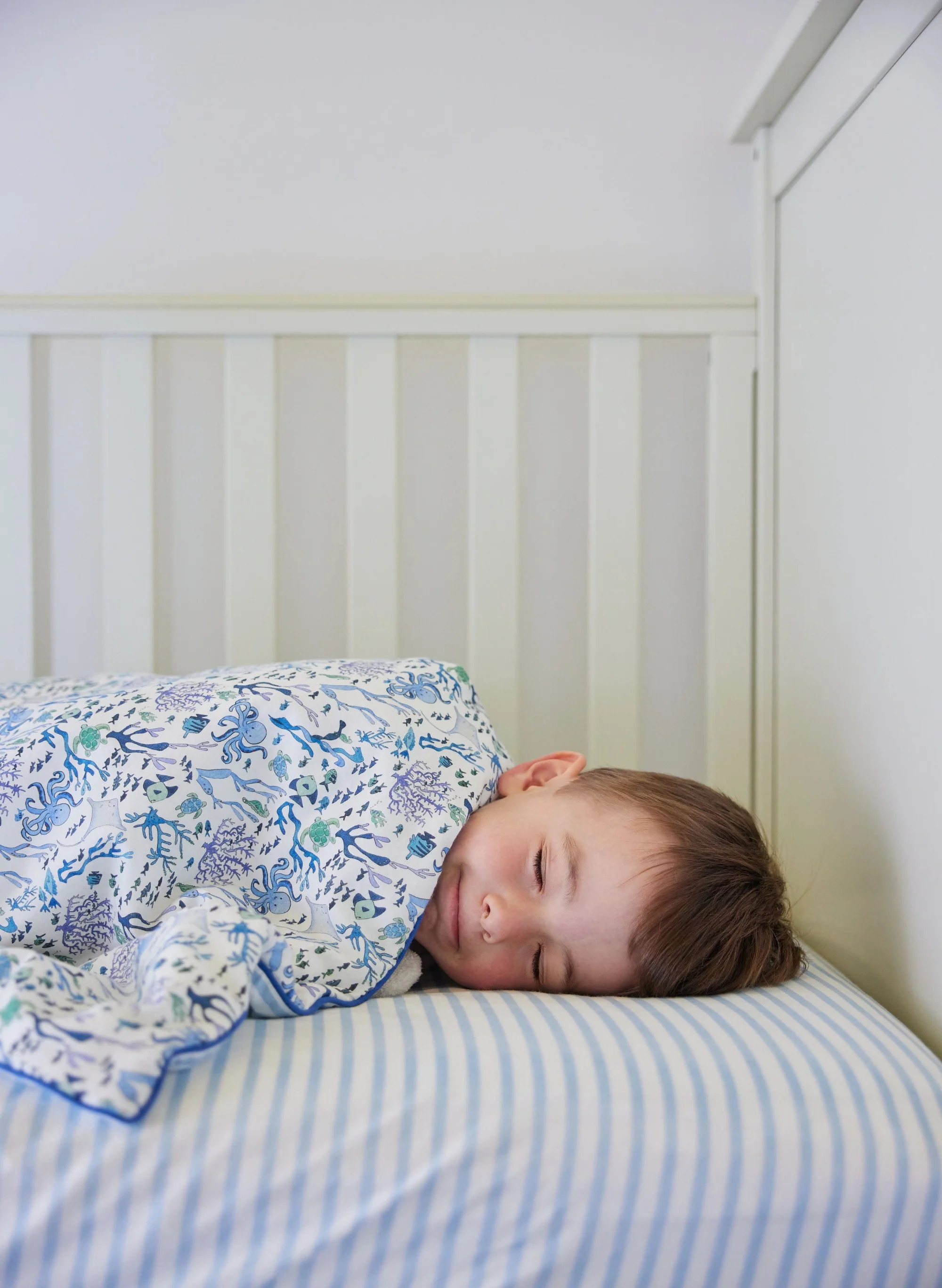 Blue & White Striped Crib Sheet Nursery | Timo and Violet