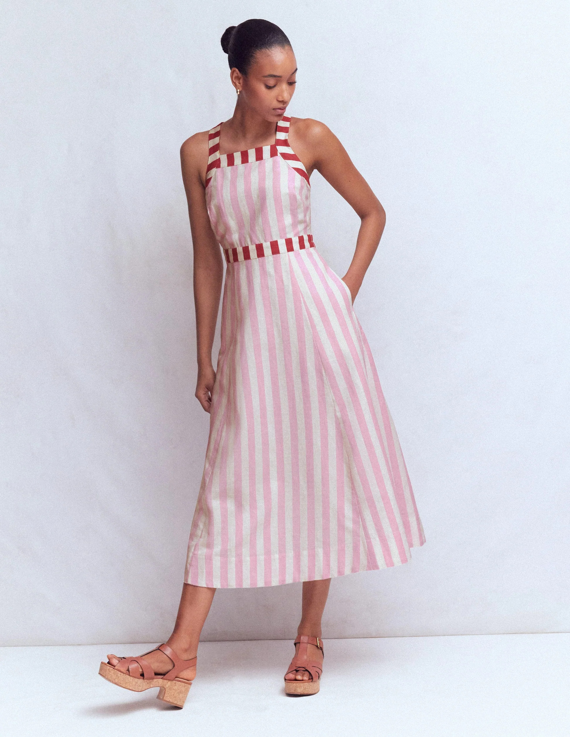 Cross-back Linen Blend Dress-Orchid Pink Stripe | Boden (US)