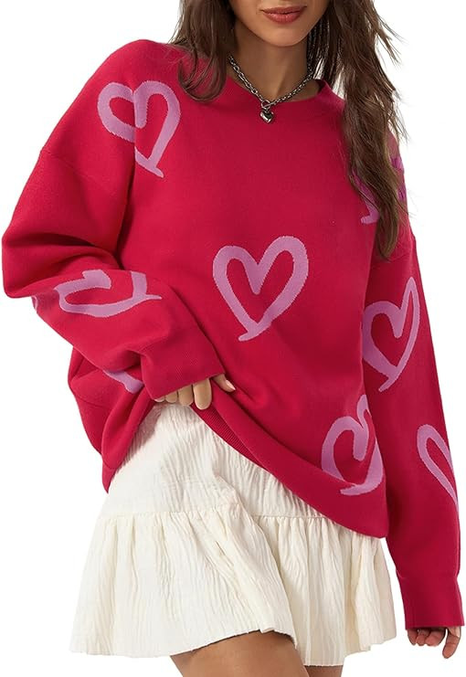 Saodimallsu Womens Oversized Heart Sweater Crew Neck Long Sleeve Knit Cute Valentines Pullover Sw... | Amazon (US)
