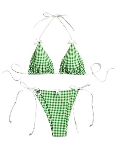 BEAUDRM Women's 2 Piece Gingham Bikini Set Cute Triangle Thong Bikini Halter String Bathing Suit High Cut Cheeky Swimsuit Green Large | Amazon (US)
