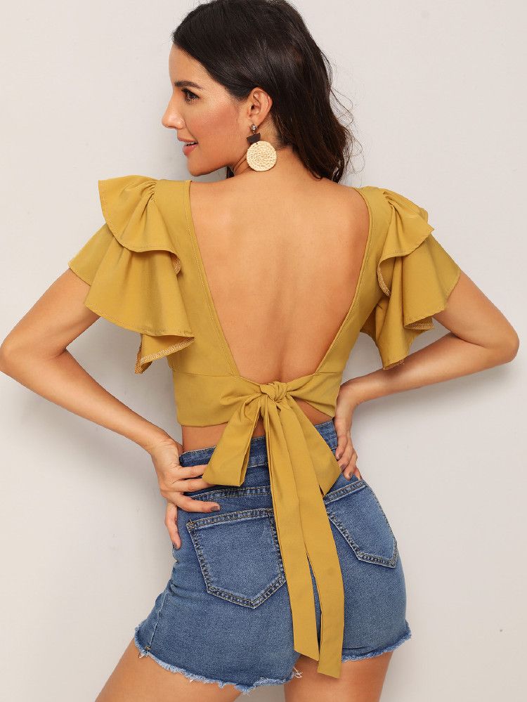 Tiered Layered Tie Open Back Crop Blouse | SHEIN