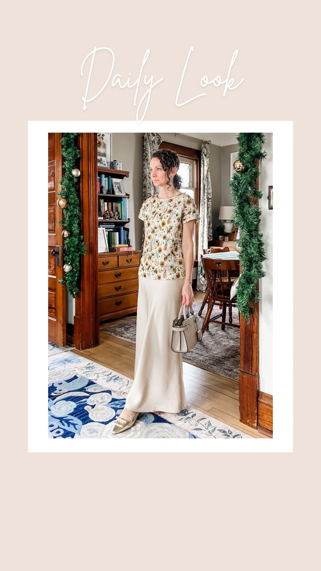 My Christmas Day outfit!  A vintage beaded top, satin skirt from Amazon and gold leather flats. 
Petite outfit. Classic outfit. Neutral outfit. Modest outfit  

#LTKootd #LTKHoliday #LTKSeasonal