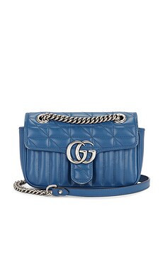 FWRD Renew Gucci Mini GG Marmont Shoulder Bag in Blue from Revolve.com | Revolve Clothing (Global)