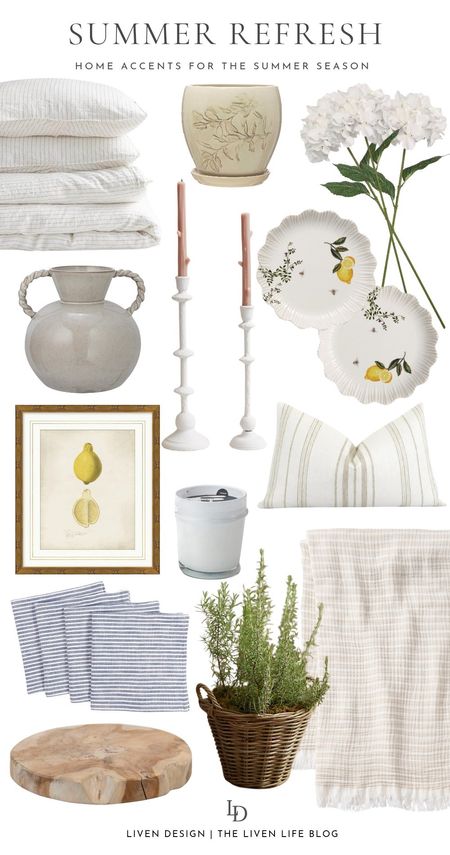 Summer refresh for the home. Home decor. Home accents. Neutral decor. Summer candle. Sea candle. Linen duvet. Bedding. Striped lumbar pillow. Bedroom decor. Living room decor. Vase with braided handles. Hydrangea stems. Faux florals. Still life fruit art. Vintage lemon botanical art print. White taper candle holders. Flower pot. Wood cutting board. Kitchen decor. Blue and white cloth napkins. Melamine plates. Outdoor dining. Neutral fringe throw blanket. Lightweight blanket. Woven rattan planter cache pot. 

#LTKSeasonal #LTKHome #LTKStyleTip