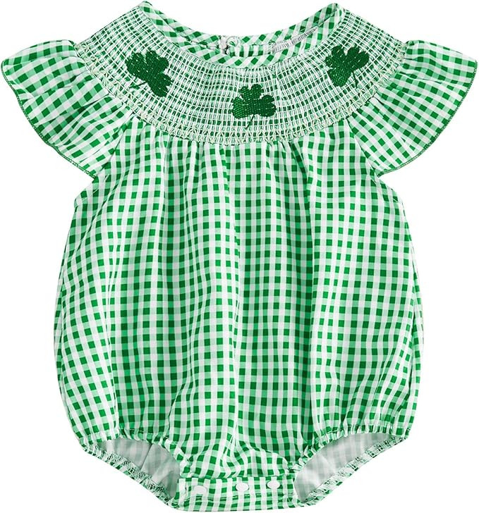 Omkzanbi St Patricks Day Baby Girl Outfit Shamrock Smocked Bubble Romper Gingham Flutter Sleeve B... | Amazon (US)