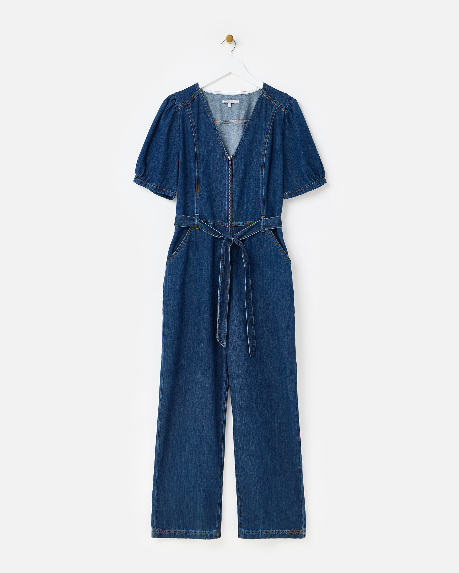 Dark Blue Denim Zip Up V-Neck Jumpsuit, size 8 | Oliver Bonas (Global)