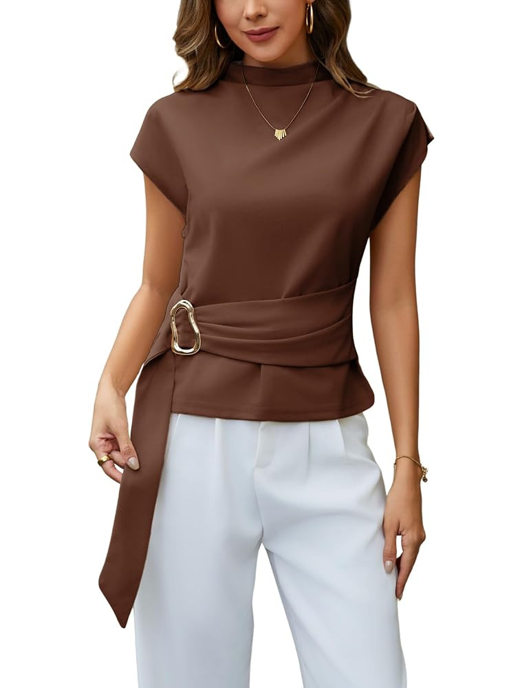 Yeokou Women Buckle Tie Top Stand Collar Belted Short Sleeve Elegant Summer Casual Blouse | Amazon (US)