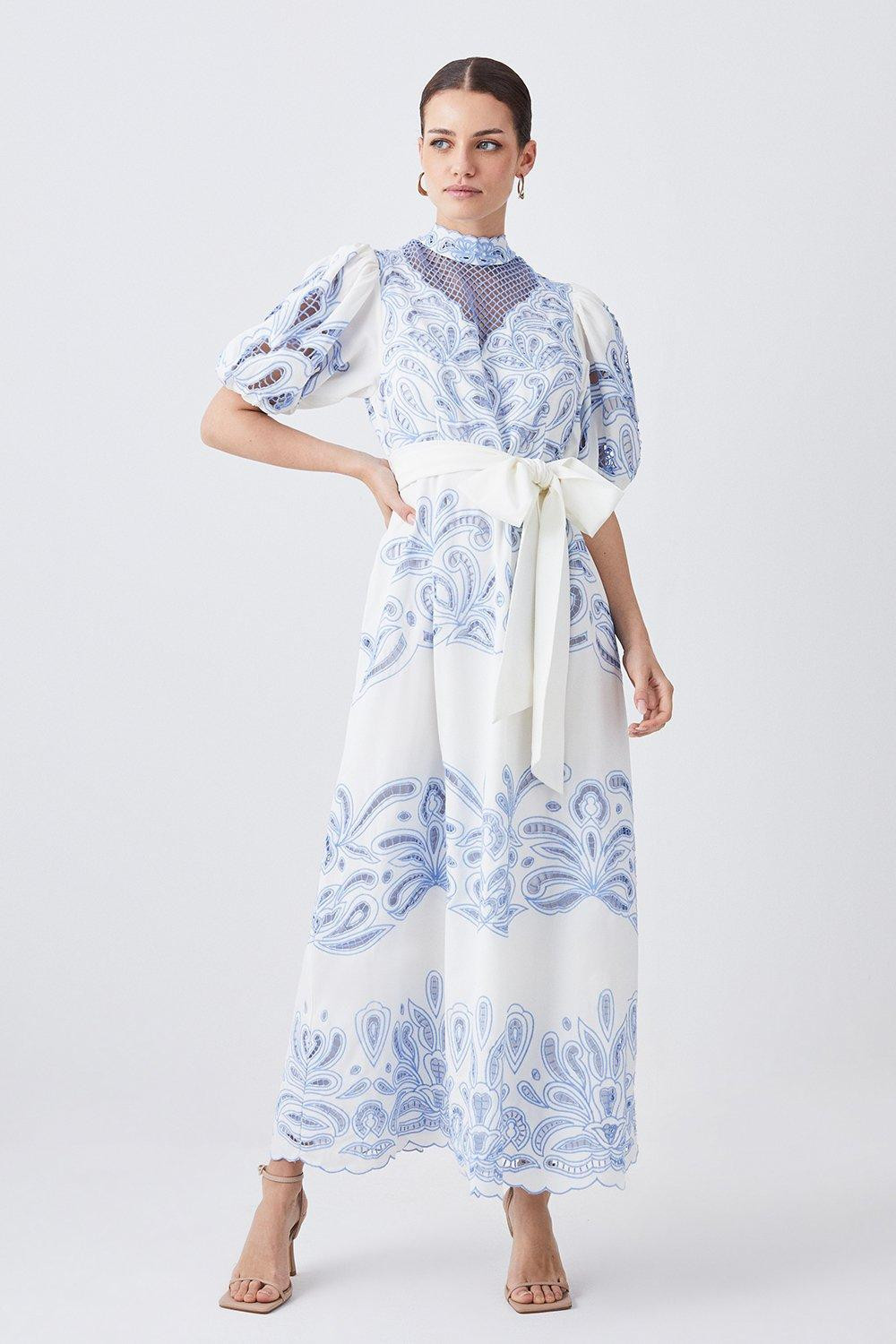 Lydia Millen Petite Cutwork Twill Woven Maxi Dress | Karen Millen US