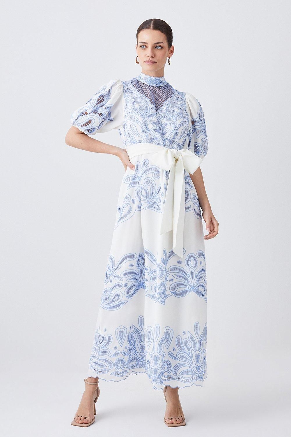 Lydia Millen Petite Cutwork Twill Woven Maxi Dress | Karen Millen US