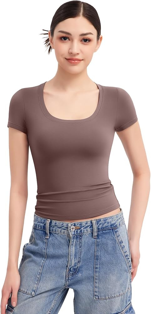 PUMIEY Women's T Shirts Short Sleeve Scoop Neck Basic Going Out Tops Fashion Slim Fit Tee Smoke C... | Amazon (US)