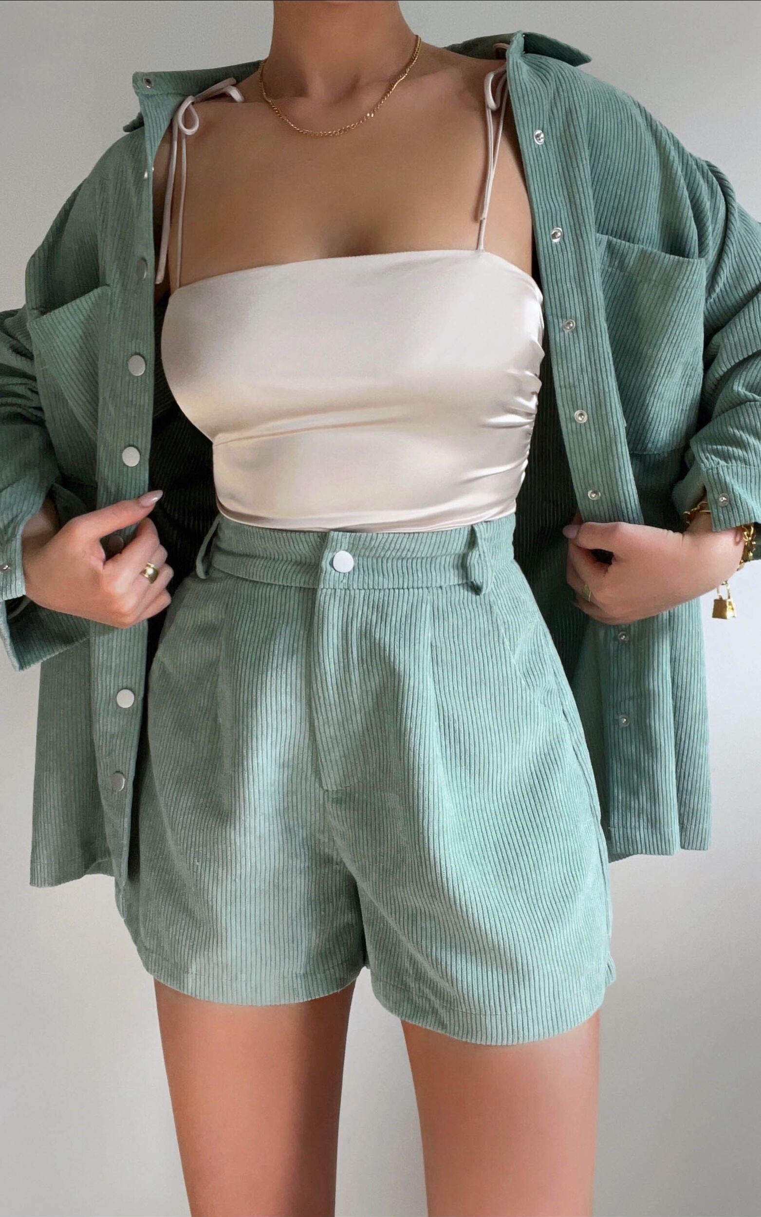 Tovil Shorts - High Waisted Corduroy Shorts in Sage | Showpo (US, UK & Europe)