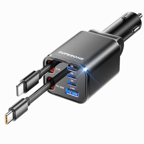 Retractable Car Charger, SUPERONE 99W Car Phone Charger with Cables Fast Charging, USB C Car Charger Adapter for iPhone 17 16 15 14 13 12, Samsung, Black | Amazon (US)