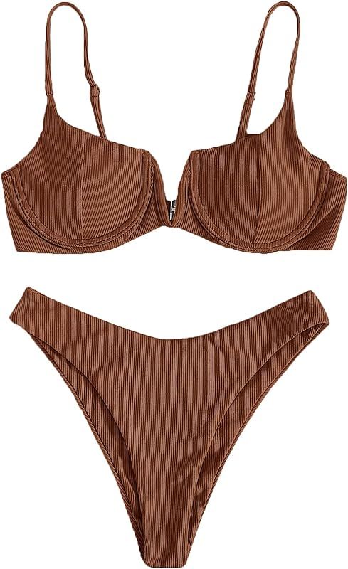 SheIn Women's 2 Piece Bikini Set High Cut Push Up Underwire Bra Bathing Suit | Amazon (US)