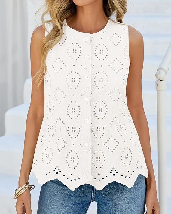 BTFBM Womens Tank Tops 2026 Summer Casual Sleeveless Button Down Shirts Embroidered Eyelet Blouse... | Amazon (US)