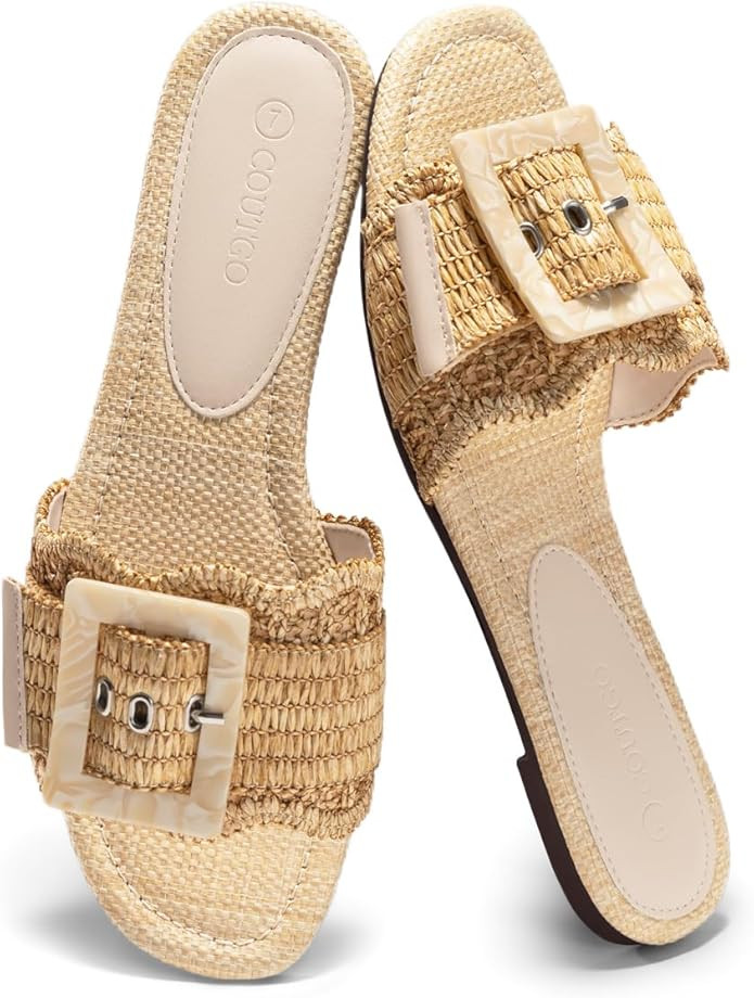 Coutgo Womens Flat Sandals Raffia Slip On Slide Sandal Square Open Toe Buckle Summer Beach Shoes ... | Amazon (US)