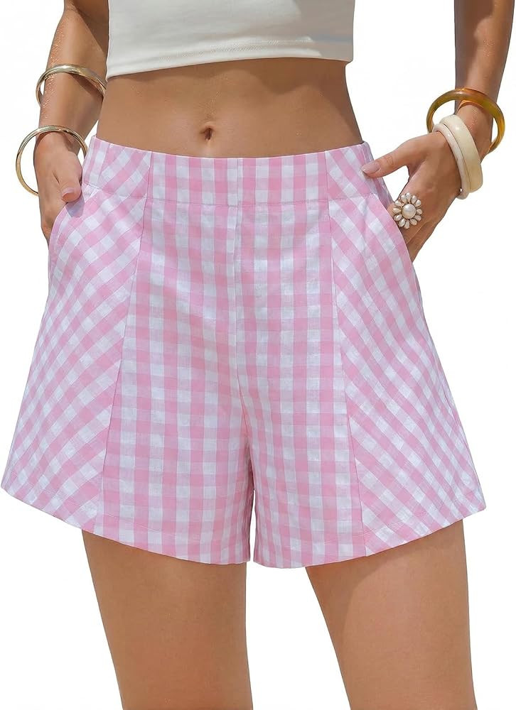 EXLURA Womens Cotton Boxer Shorts Faux Linen Gingham Shorts Summer High Waist Plaid Y2K Beach Bot... | Amazon (US)