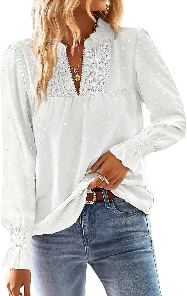 Boho Tops for Women V Neck Blouses Flowy Swiss Dot Dressy Casual Lace Womens Long Sleeve Shirts T... | Amazon (US)