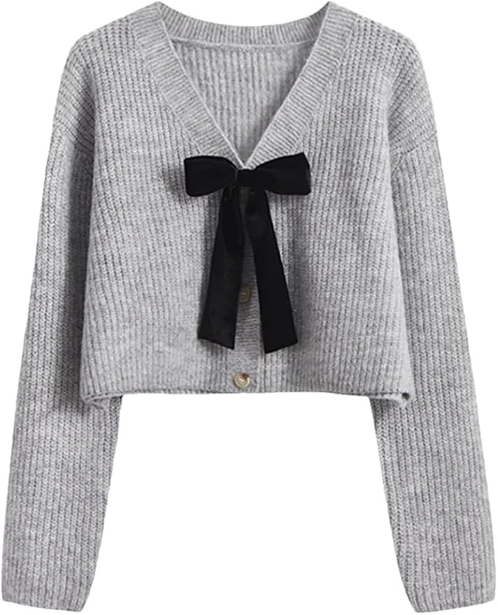 Women's Gray Bow Cardigan Knitted Sweater Harajuku Retro Long Sleeve Sweater | Amazon (US)