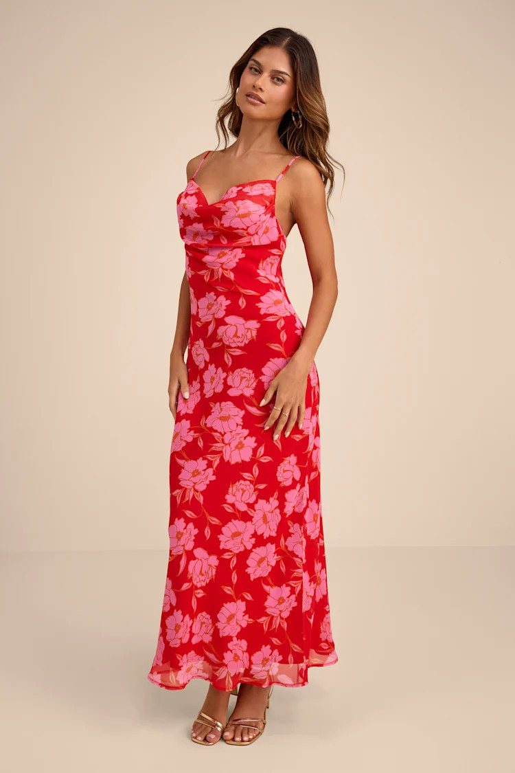 Vesta Red Floral Cowl Neck Maxi Dress | Lulus