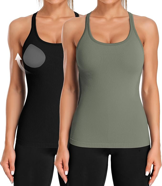 ATTRACO Ribflex 2 Pack Ribbed Workout Tank Top with Built in Bra for Women | Removable Pads, Ligh... | Amazon (US)