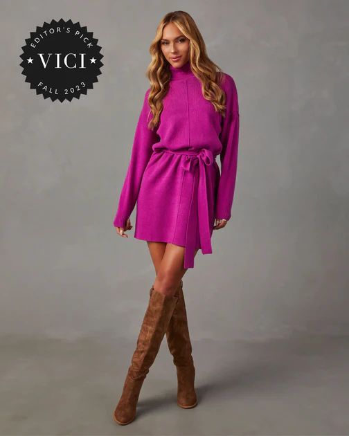 Marsella Tie Waist Mini Sweater Dress - Magenta | VICI Collection