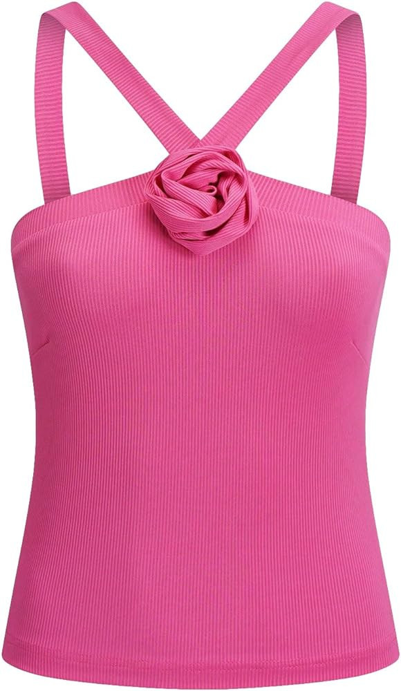 OYOANGLE Women's 3D Flower Appliques Sleeveless Rib Knitted Slim Fit Cami Tank Tops | Amazon (US)
