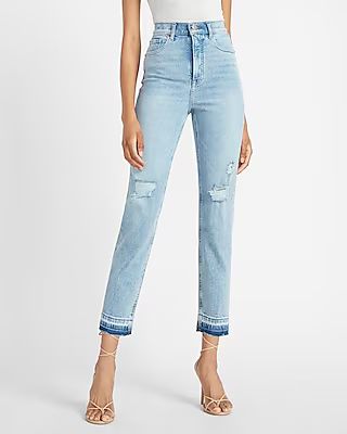 Super High Waisted Ripped Released Hem Straight Jeans | Express