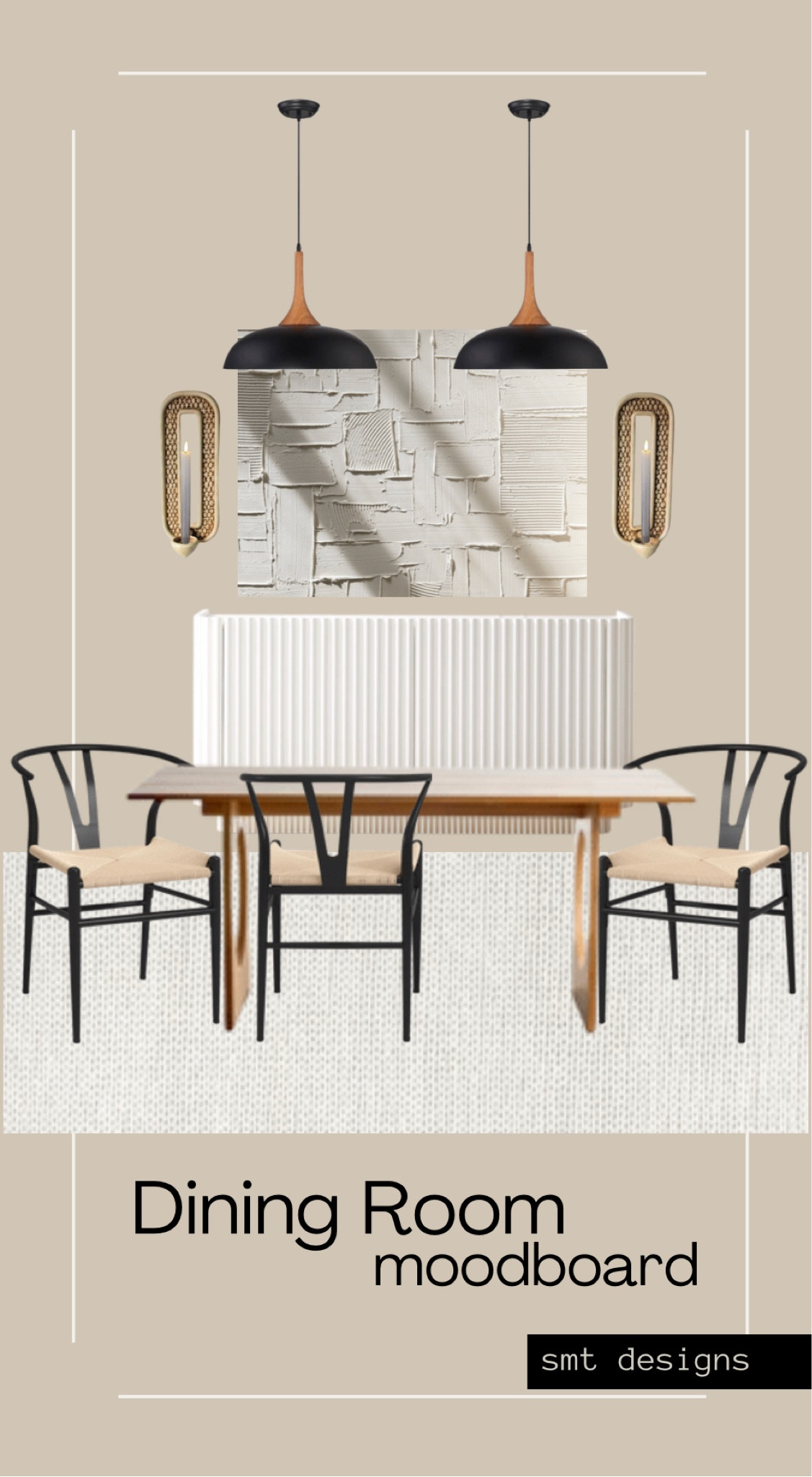 A dining room design board, complete with textured art, cane and wood chairs, a fluted white credenza, neutral area rug, one of a kind candle sconces and black pendants with wood accent  

#LTKsalealert #LTKSeasonal #LTKhome