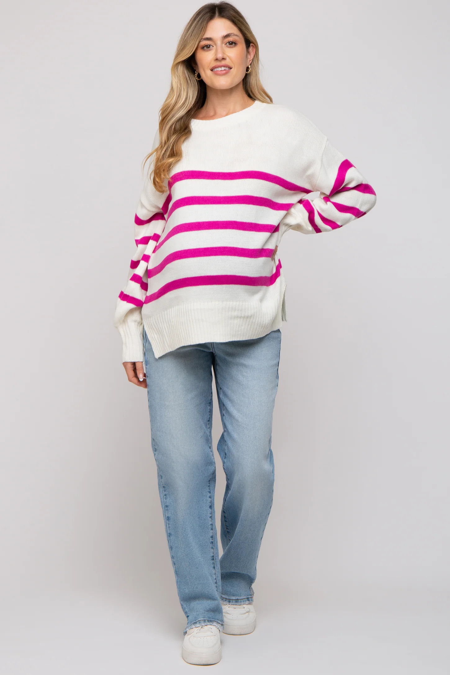 Fuchsia Striped Oversized Side Slit Maternity Sweater | PinkBlush Maternity