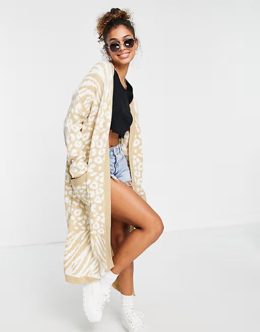 Liquorish maxi cardigan in beige animal print | ASOS (Global)