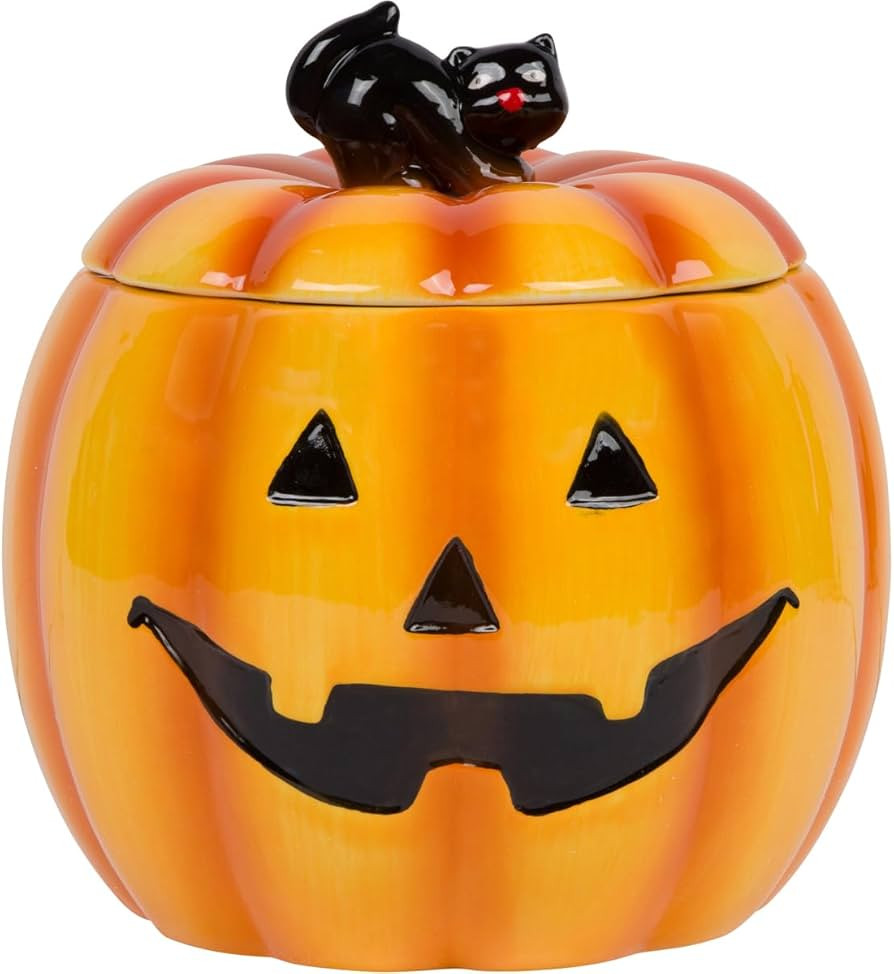 One Holiday Way 7-Inch Ceramic Orange Jack-o-Lantern Cookie Jar or Candy Dish Bowl with Black Cat... | Amazon (US)
