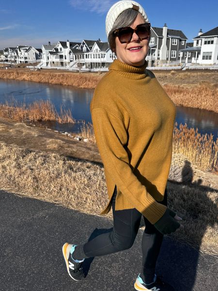 Long mock turtleneck from @h&m loving this cozy soft turtleneck. It comes in cream and black. Black leggings, knit hat and New Balance sneakers. Perfect for a winter walk. #turtleneck #mockturtleneck #winterewear 

#LTKover40 #LTKstyletip