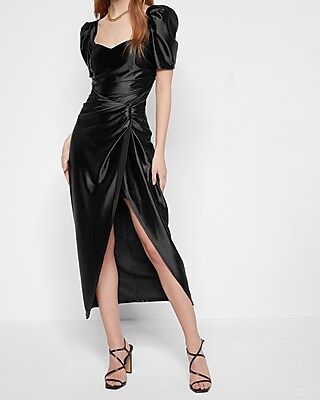 Satin Puff Sleeve Ruched Faux Wrap Midi Dress | Express