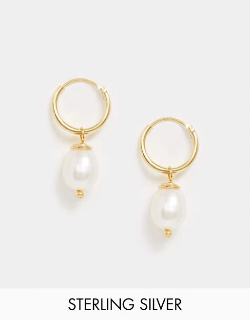 ASOS DESIGN sterling silver with gold plate hoop earrings with pearl charm | ASOS US