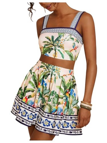 Floerns Women's Two Piece Outfit Tropical Crop Cami Top and Summer Skirts Set Beige Multi Medium | Amazon (US)