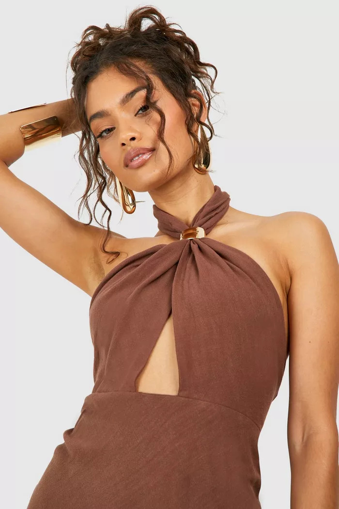 Linen Halterneck Maxi Dress | Boohoo.com (UK & IE)
