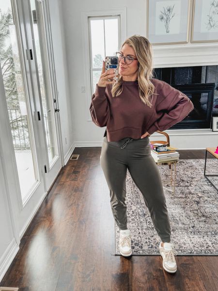 Today’s snowy work from home fit! Love these joggers and brown sweater combo and some blue light blockers for a fun tortoise accessory! nicki15 for 15% off glasses 
M in everything #LTKSpringSale 

#LTKfindsunder100 #LTKfitness