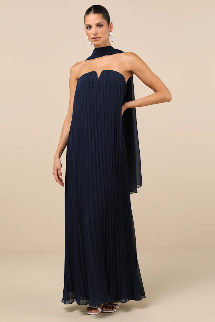 Lael Navy Pleated Strapless Dress and Scarf Set | Lulus